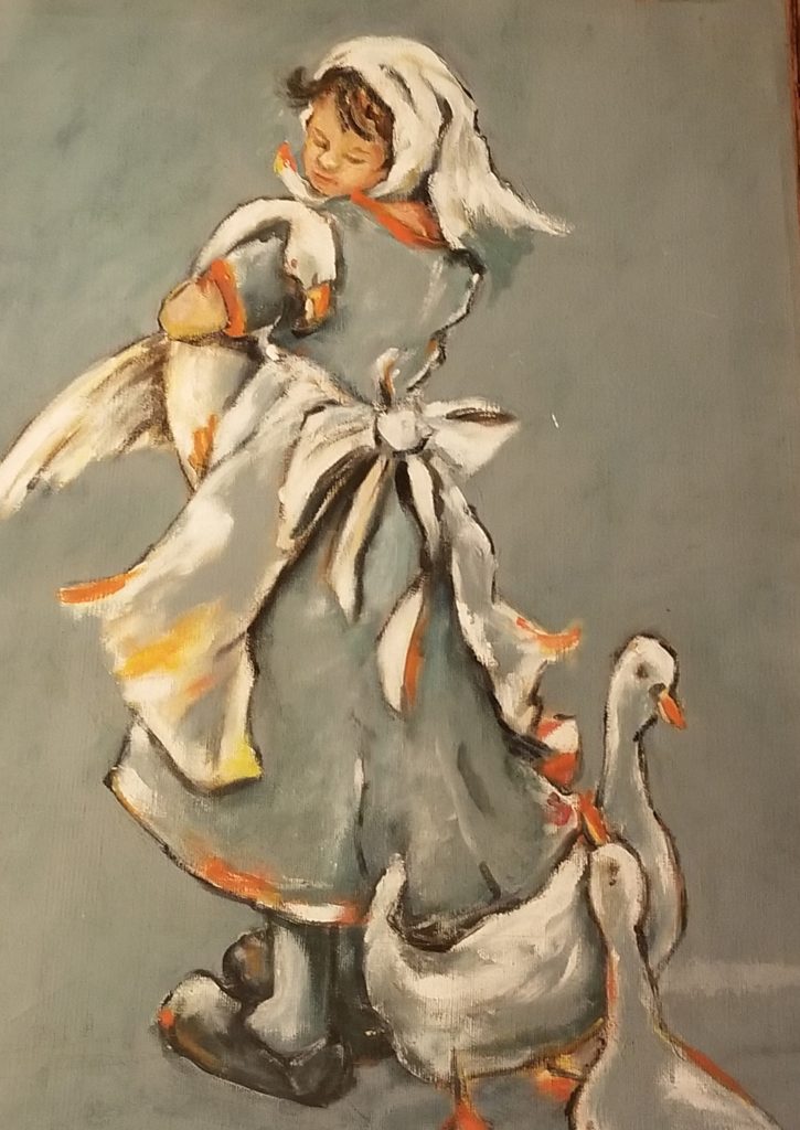 painting of girl with geese